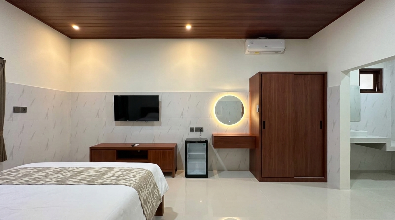 Interior Kamar TV 32 Inch Kulkas Meja Rias & Lemari Sliding Yka Residence Jimbaran