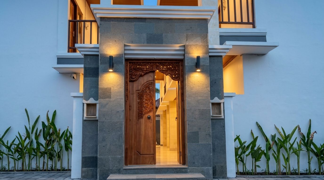 Gerbang masuk Yka Residence Jimbaran — foto asli, pencahayaan senja disempurnakan